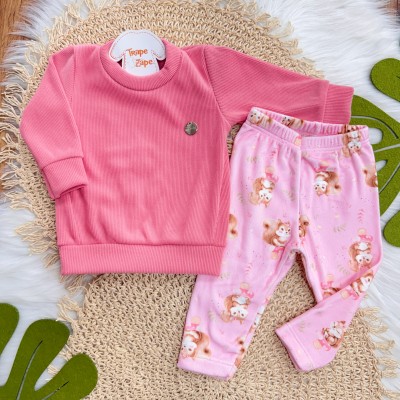 Conj. Blusa em Malha Cotele e Calça em Plush Esquila - Rosa
